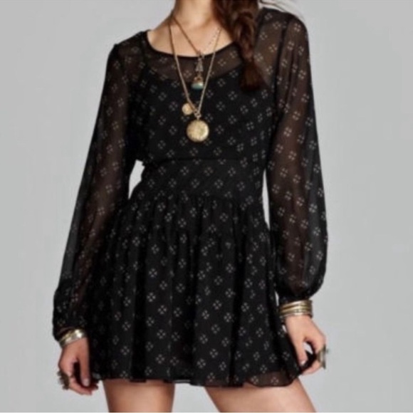 Free People Sheer Black Baby Dee Chiffon Long Sleeve Fit and Flare Dress Sz S - Picture 1 of 13